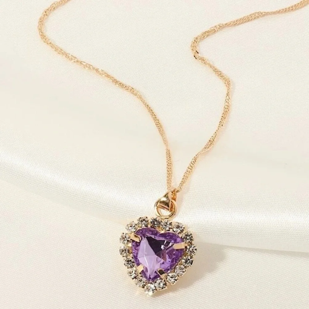 Rhinestone Heart Charm Pendant Necklace - Picture 1 of 7